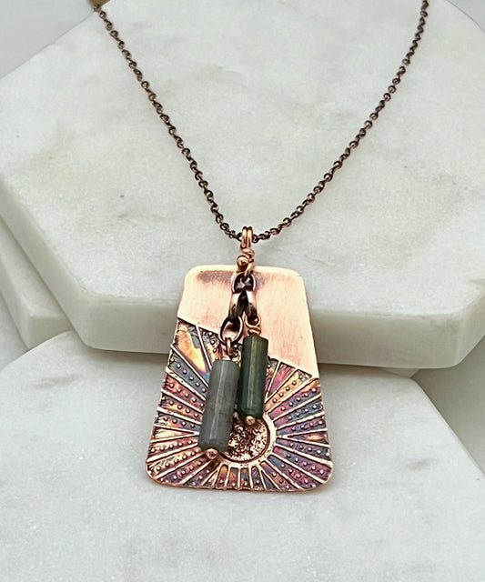 Acid etched copper necklace with moss agate gemstone