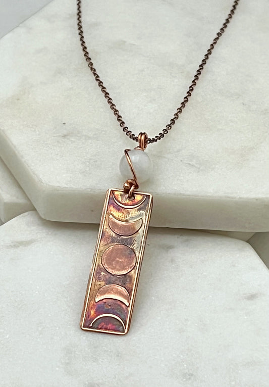 Moon phase acid etched copper necklace with moonstone gemstone
