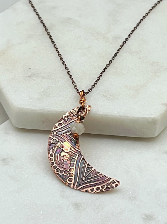 Acid etched copper crescent necklace with moonstone gemstone