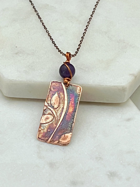 Acid etched copper leaf necklace with amethyst gemstone