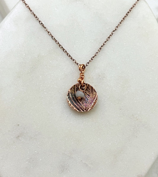 Acid etched copper necklace with moonstone gemstone
