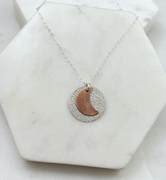 Sterling and copper moon necklace