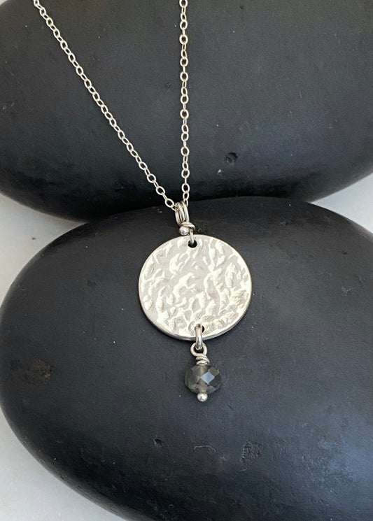 Sterling silver hammered necklace with grey moonstone