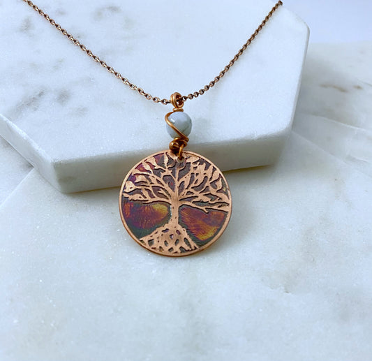 Tree necklace, copper with moss agate gemstone