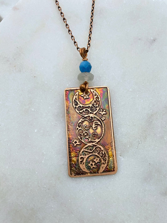 Copper moon necklace with moonstone and apatite gemstones