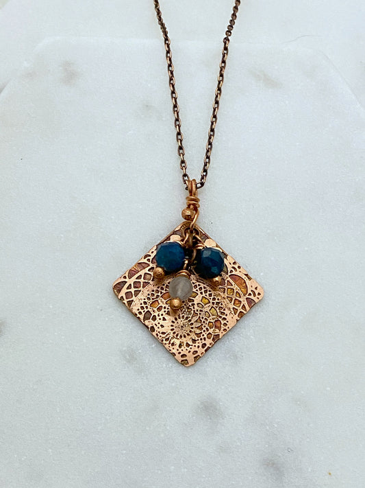 Copper, Moonstone and apatite gemstone necklace