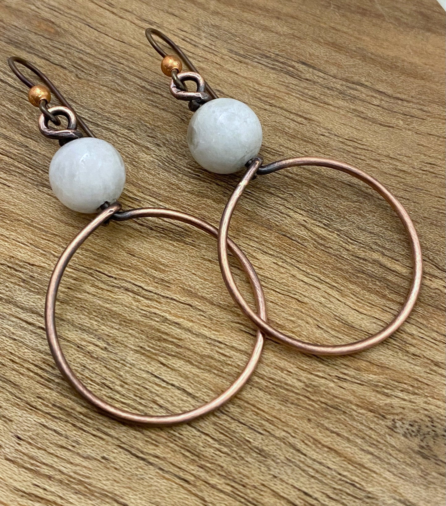Copper and moonstone hoop earrings