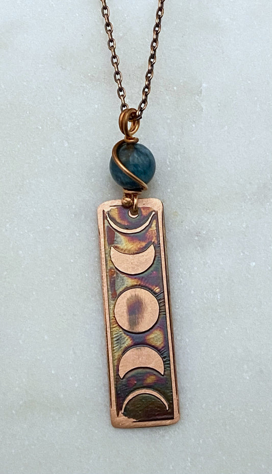 Moon phase acid etched copper necklace with apatite gemstone