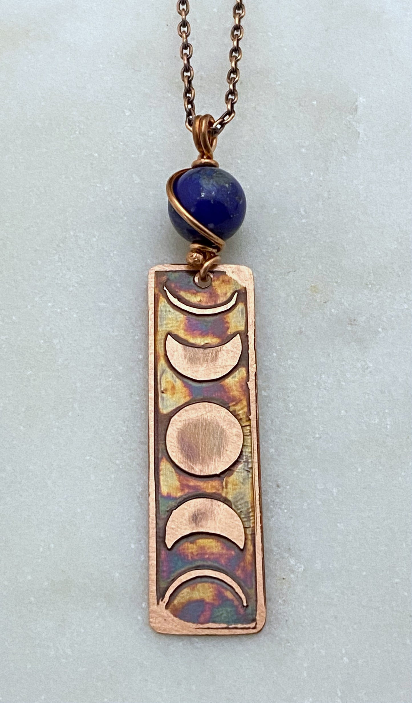 Moon phase acid etched copper necklace with lapis gemstone