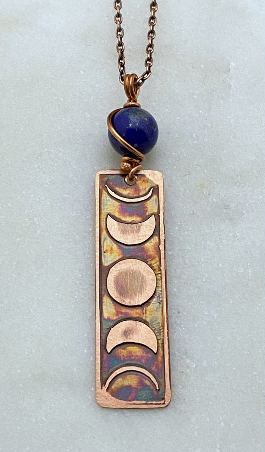Moon phase acid etched copper necklace with lapis gemstone