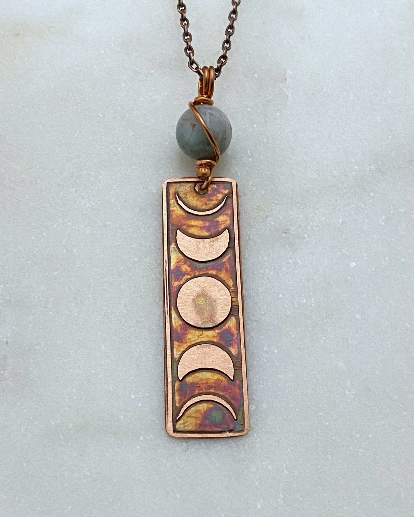Moon phase acid etched copper necklace with fancy jasper gemstone