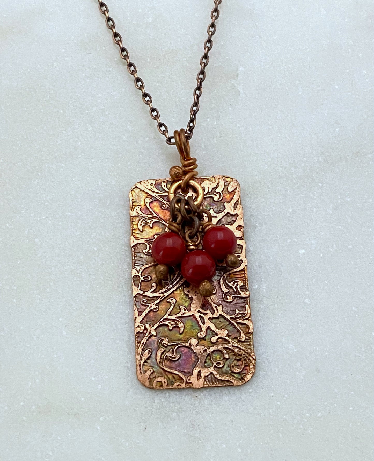 Acid etched copper necklace with coral gemstones