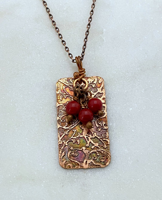Acid etched copper necklace with coral gemstones
