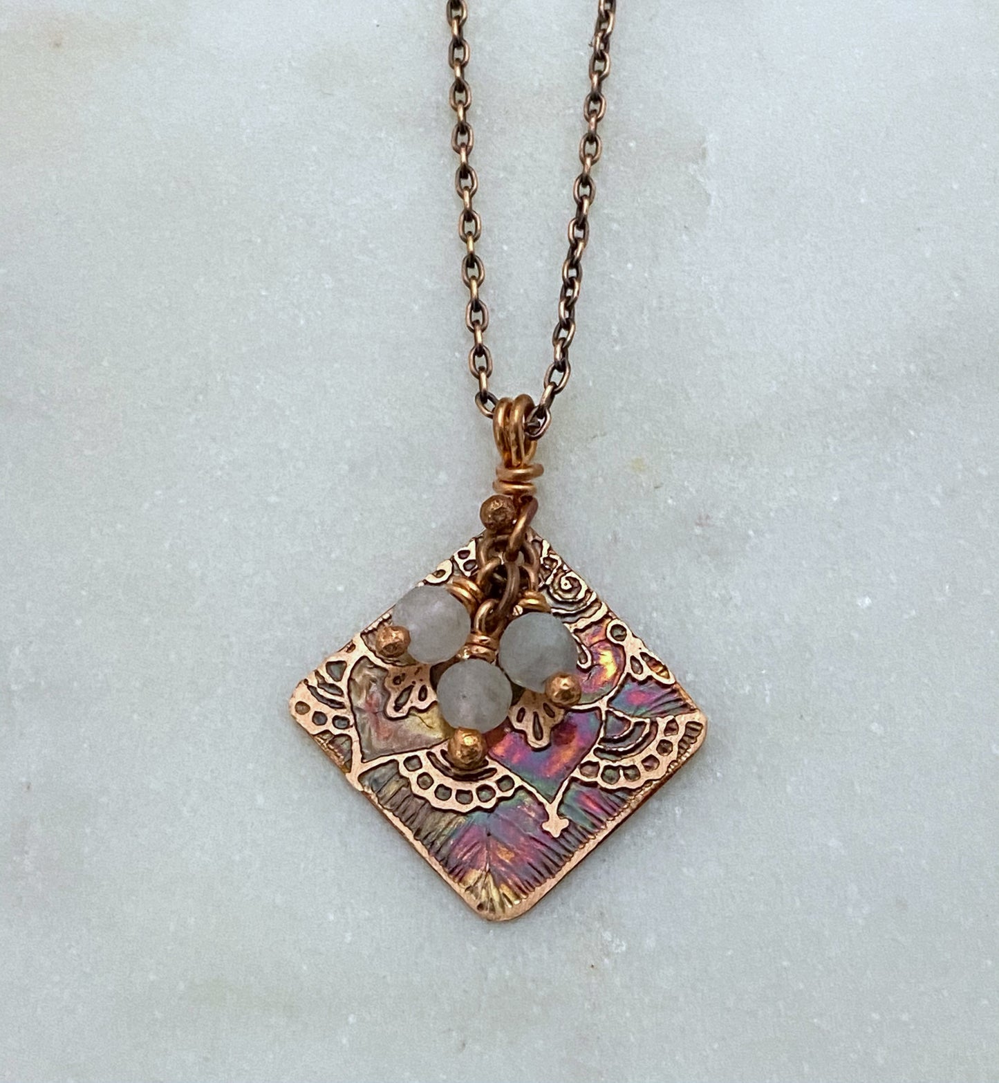 Acid etched copper necklace with moonstone gemstones