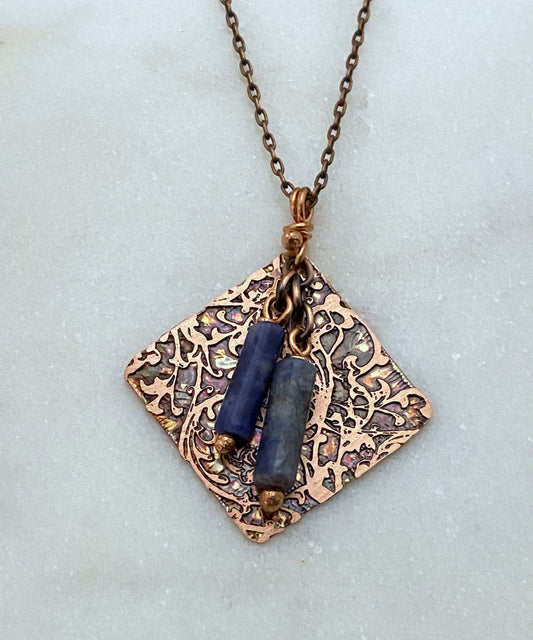 Acid etched copper necklace with sodalite gemstones