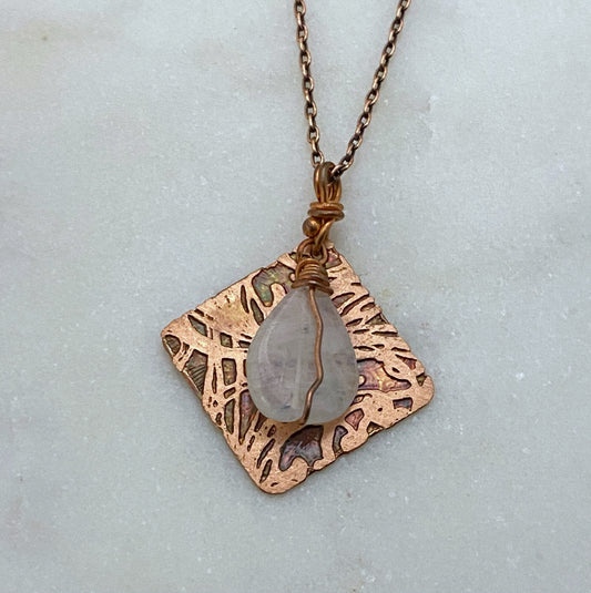 Acid etched copper necklace with moonstone