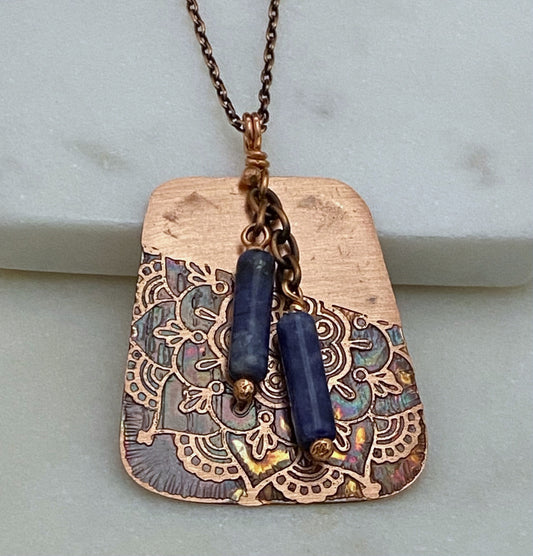Acid etched copper necklace with sodalite gemstones