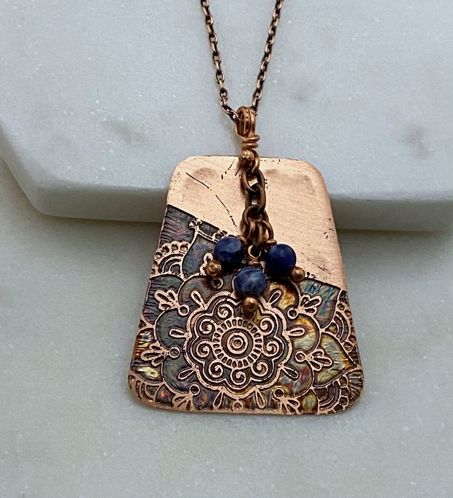 Acid etched copper necklace with sodalite gemstones