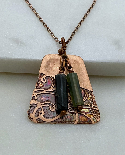 Acid etched copper necklace with moss agate gemstones