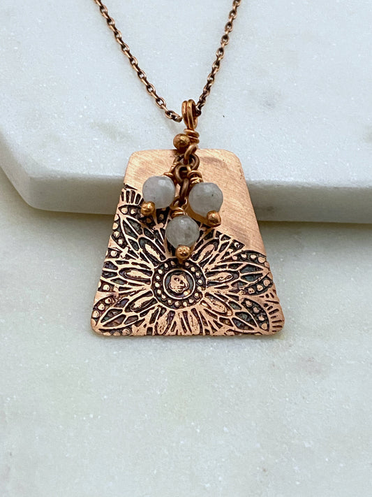 Acid etched copper necklace with moonstone gemstones