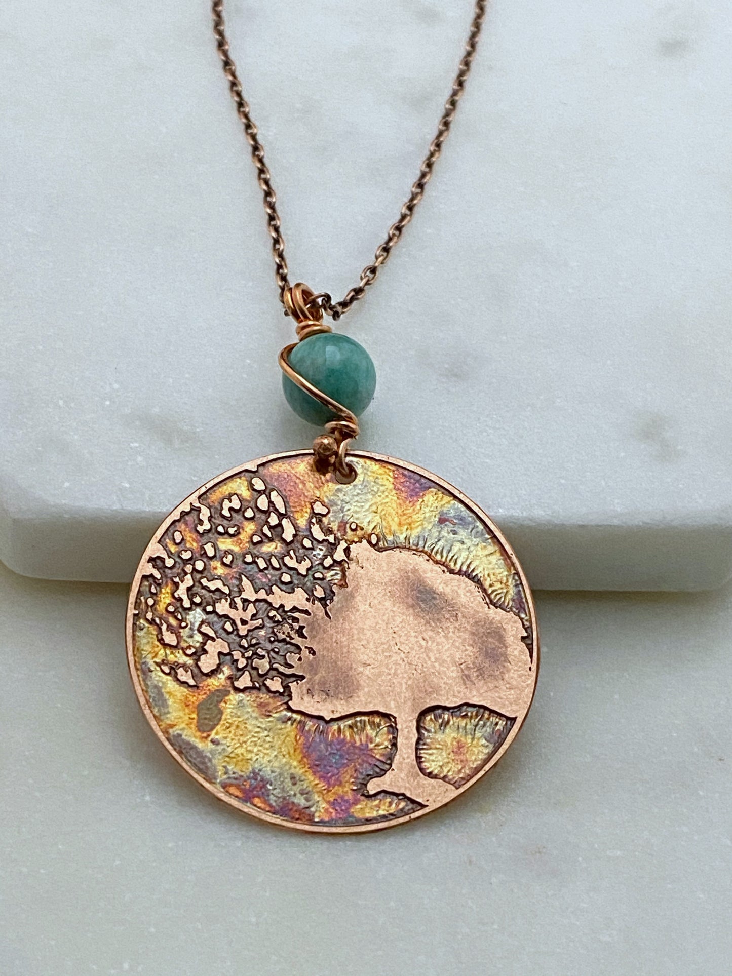 Tree acid etched copper necklace with amazonite gemstone