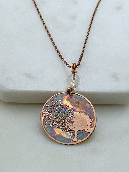 Tree acid etched copper necklace with quartz gemstone