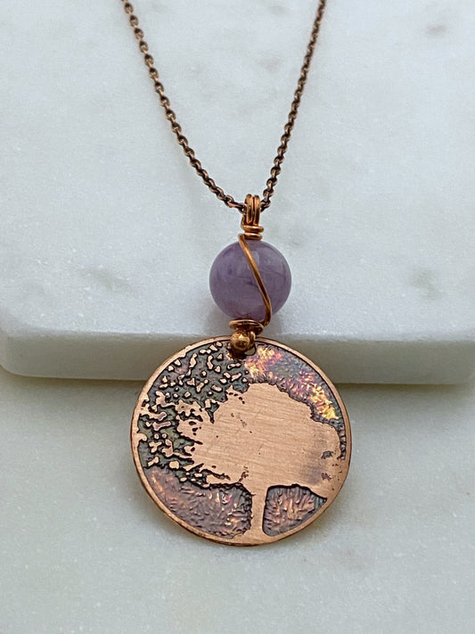 Tree acid etched copper necklace with amethyst gemstone