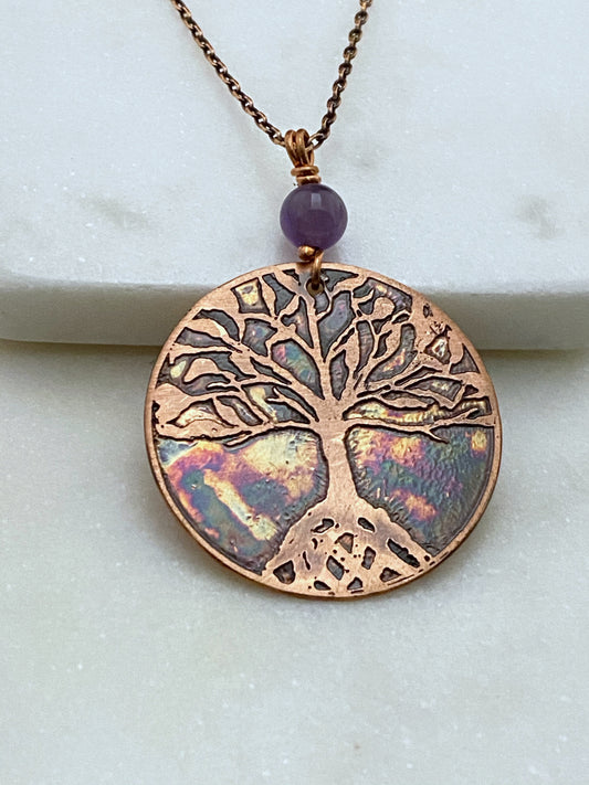 Tree acid etched copper necklace with amethyst gemstone