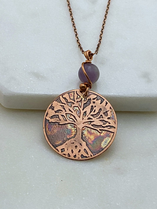 Tree acid etched copper necklace with amethyst gemstone