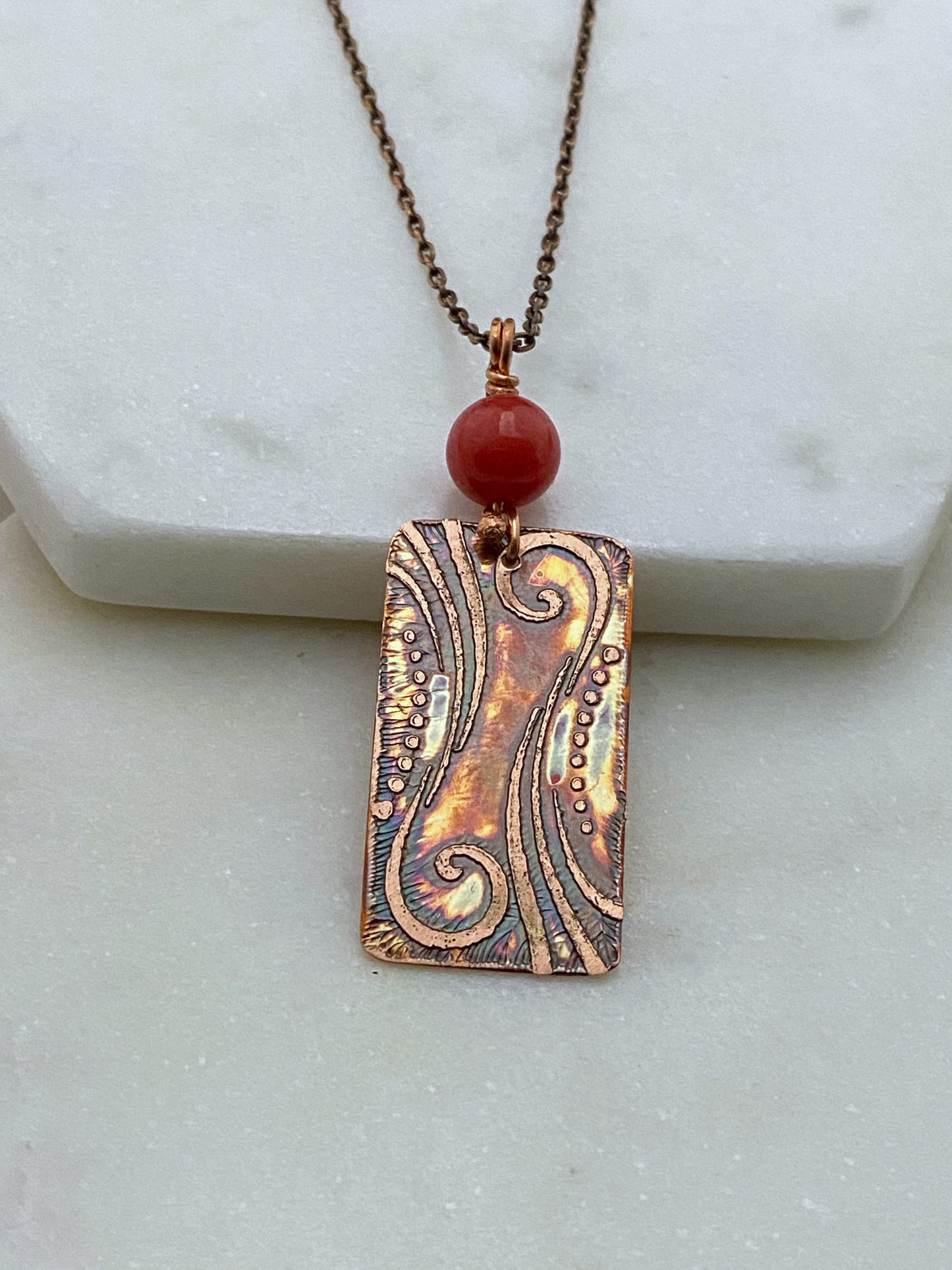 Acid etched copper necklace with coral gemstone