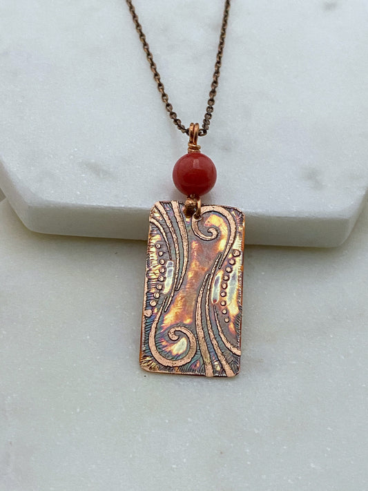 Acid etched copper necklace with coral gemstone