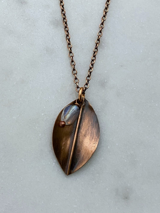 Forged copper leaf necklace with moonstone