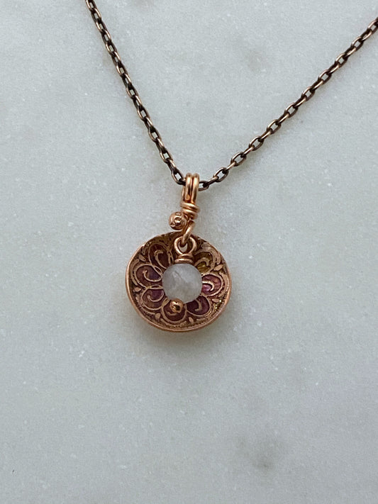 Acid etched copper disk necklace with a moonstone gemstone