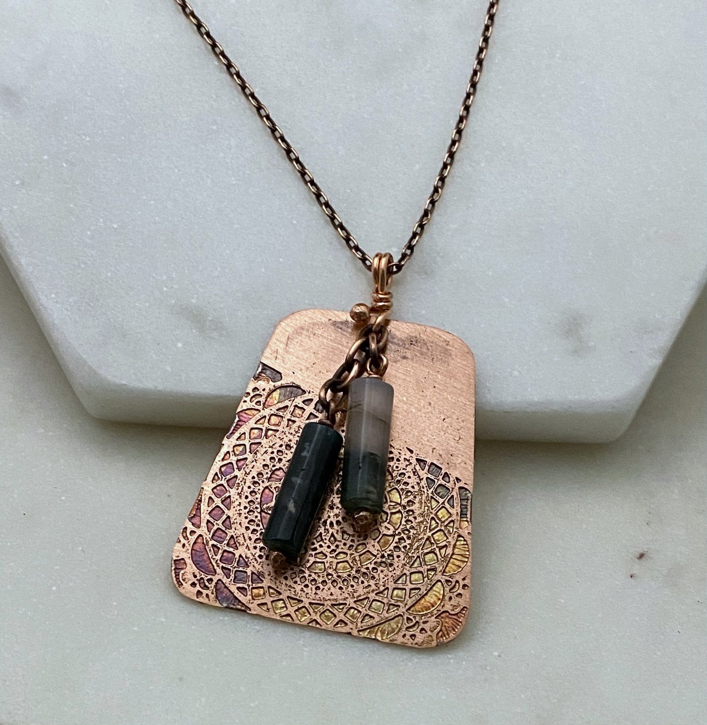 Acid etched copper necklace with moss agate gemstones
