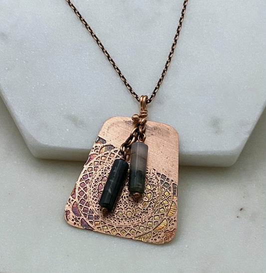 Acid etched copper necklace with moss agate gemstones