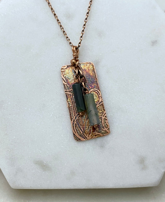 Acid etched copper necklace with moss agate gemstones