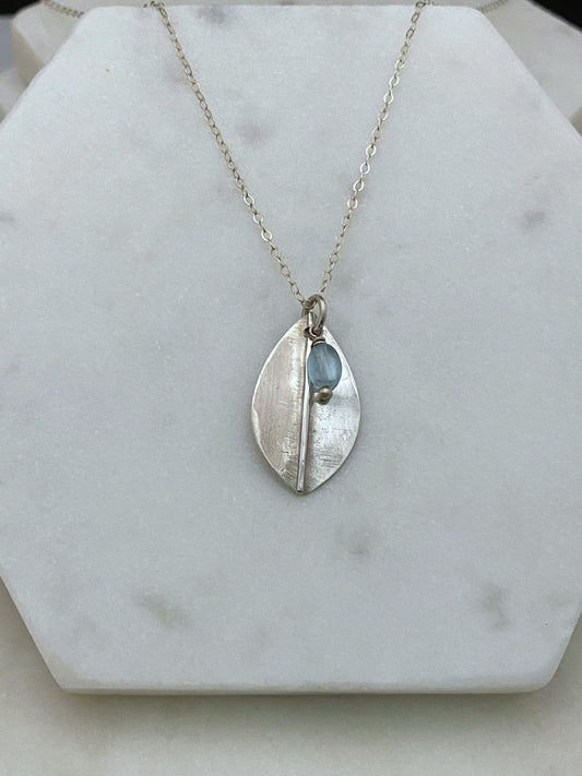 Forged sterling silver leaf necklace with apatite gemstone
