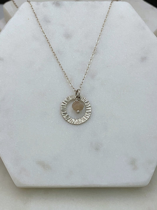 Sterling silver forged circle necklace with moonstone