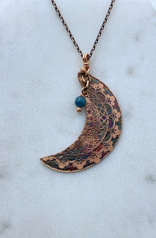 Crescent moon acid etched copper necklace with a apatite gemstone