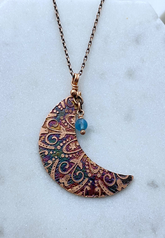 Crescent moon acid etched copper necklace with a amazonite gemstone