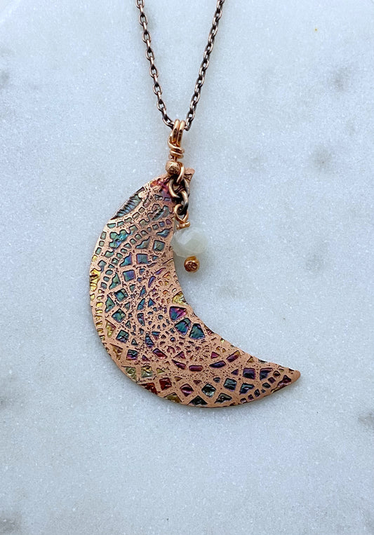 Crescent moon acid etched copper necklace with a moonstone gemstone