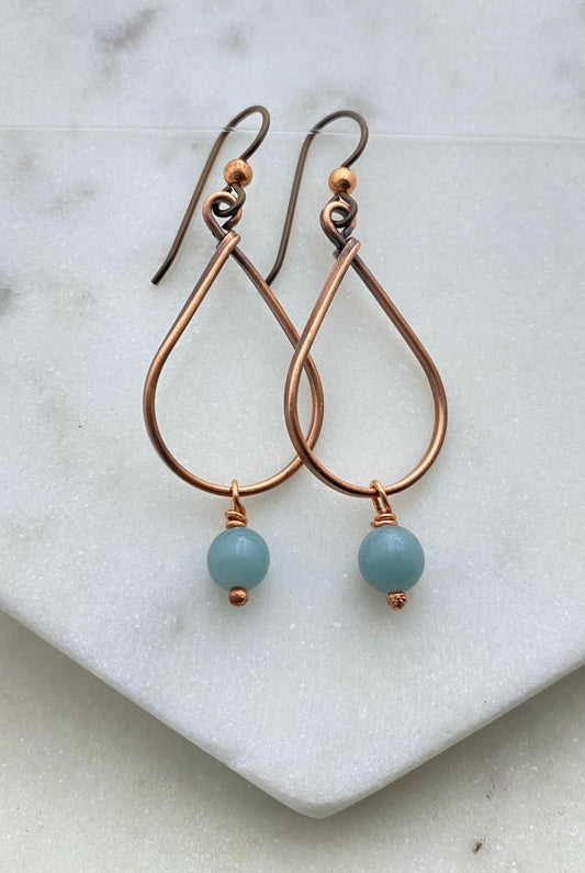 Copper teardrop hoop earrings with aquamarine