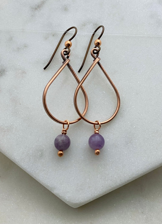 Copper teardrop hoop earrings with amethyst