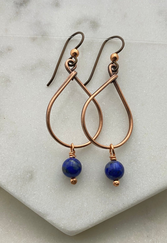 Copper teardrop hoop earrings with lapis