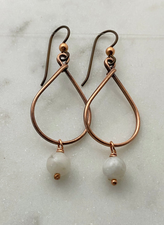 Copper teardrop hoop earrings with moonstone