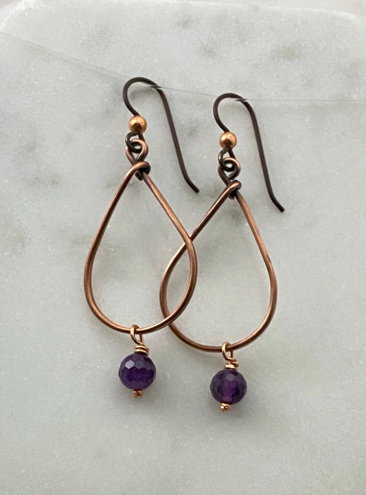 Copper teardrop hoop earrings with amethyst