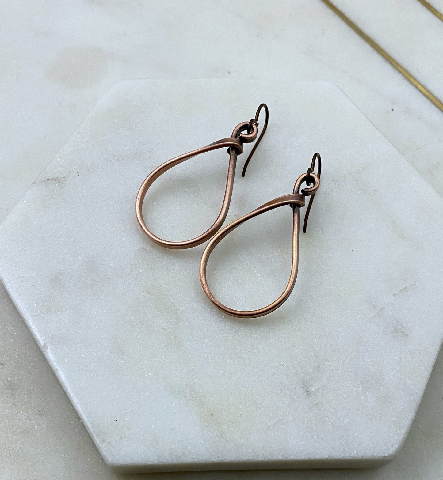 Small copper teardrop hoop earrings