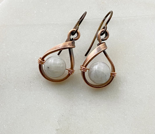 Copper teardrop hoops with moonstone
