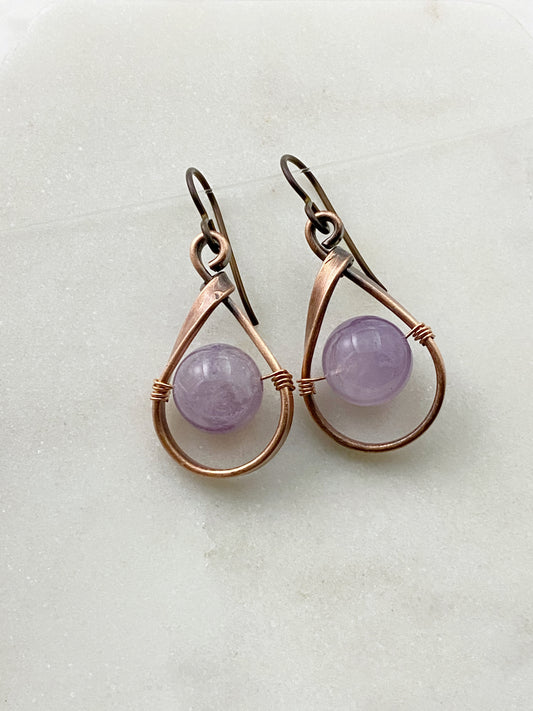 Copper teardrop hoops with amethyst