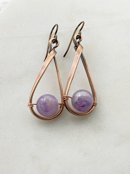 Copper teardrop hoops with amethyst